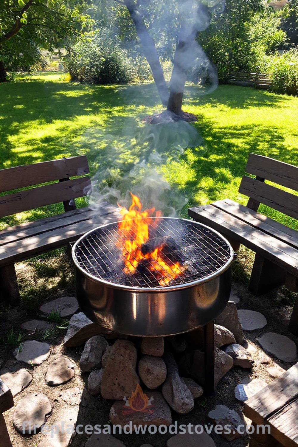 Turkish mangal barbecue in a sunlit garden corner surrounded by mismatched wooden benches, creating a cozy atmosphere for outdoor gatherings filled with laughter and the aroma of grilled meats. Visit patioandhomefurniture.com for incredible ideas that will wow your guests.