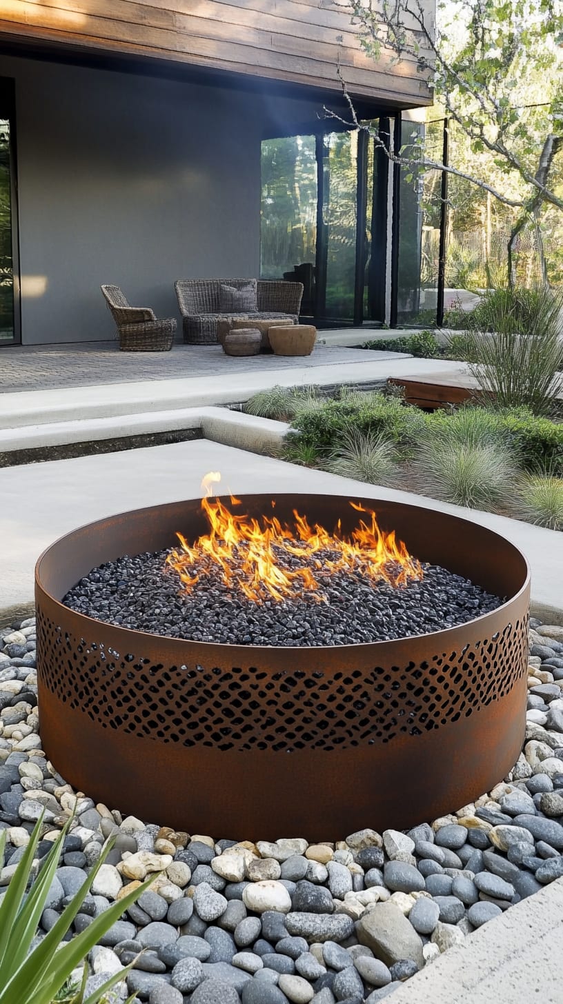 A modern circular firepit made of laser-cut steel, surrounded by pebbles and outdoor furniture, with a burning flame casting warm light in a backyard setting.