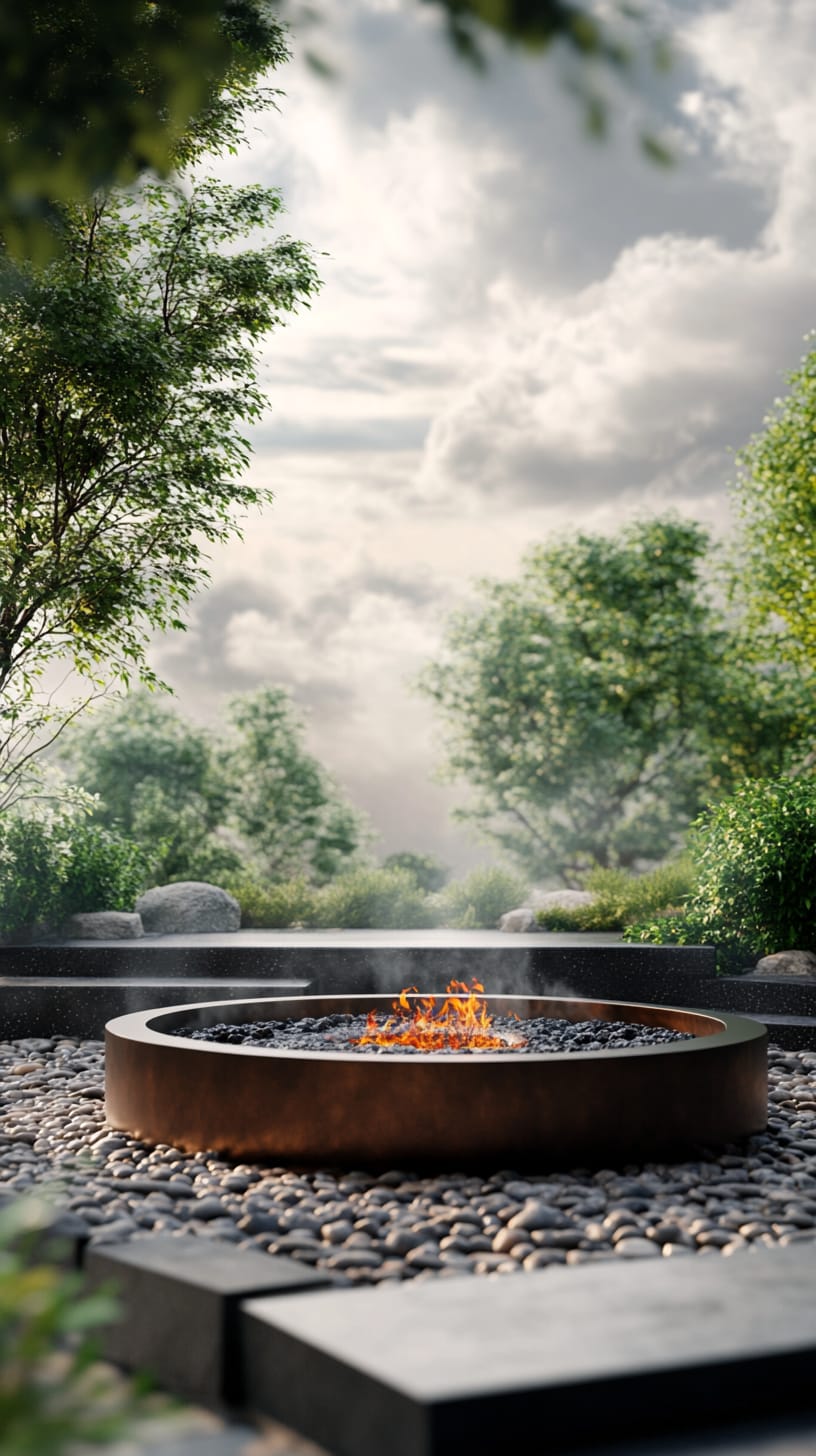 A modern circular fire pit made of steel, surrounded by pebbles and lush greenery in a tranquil garden under a cloudy sky.