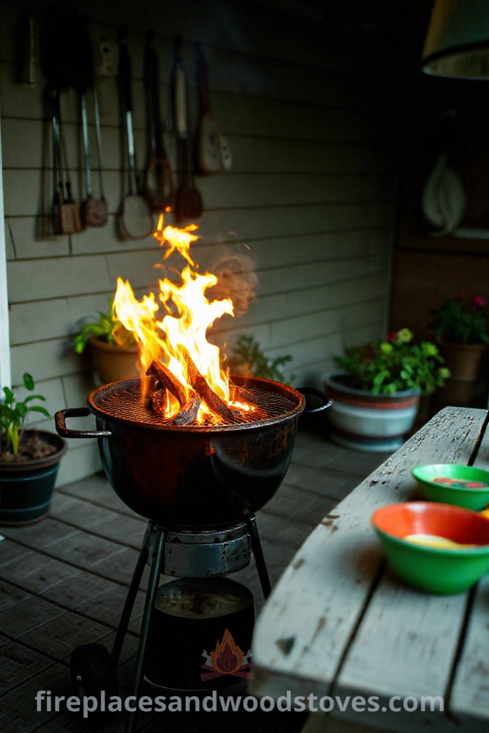 Outdoors featuring a sturdy charcoal grill on a wooden deck with a warm glow from flames, potted plants around, and a colorful picnic table ready for gatherings, perfect for stylish backyard ideas that will wow your guests. Visit patioandhomefurniture.com for incredible outdoor inspiration.