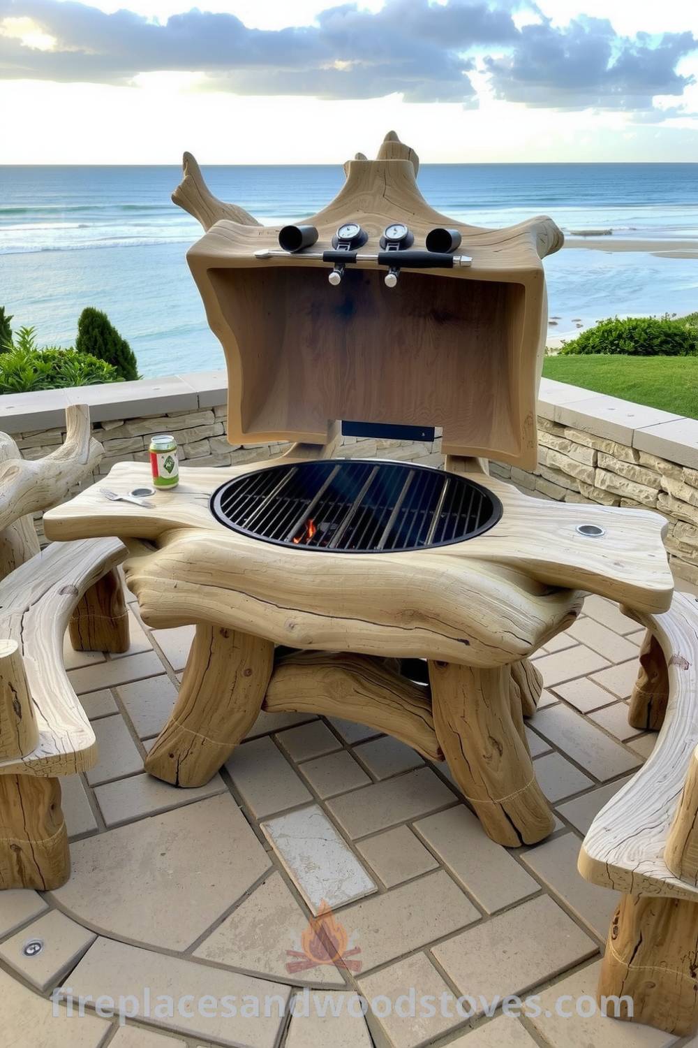 Rustic outdoor barbecue made of sun-bleached driftwood on a breezy patio with a charred grill top and flickering flames, surrounded by uneven pavers and inviting driftwood benches, ideal for summer cookouts; cozy ideas for your home inspired by fireplacesandwoodstoves.com.