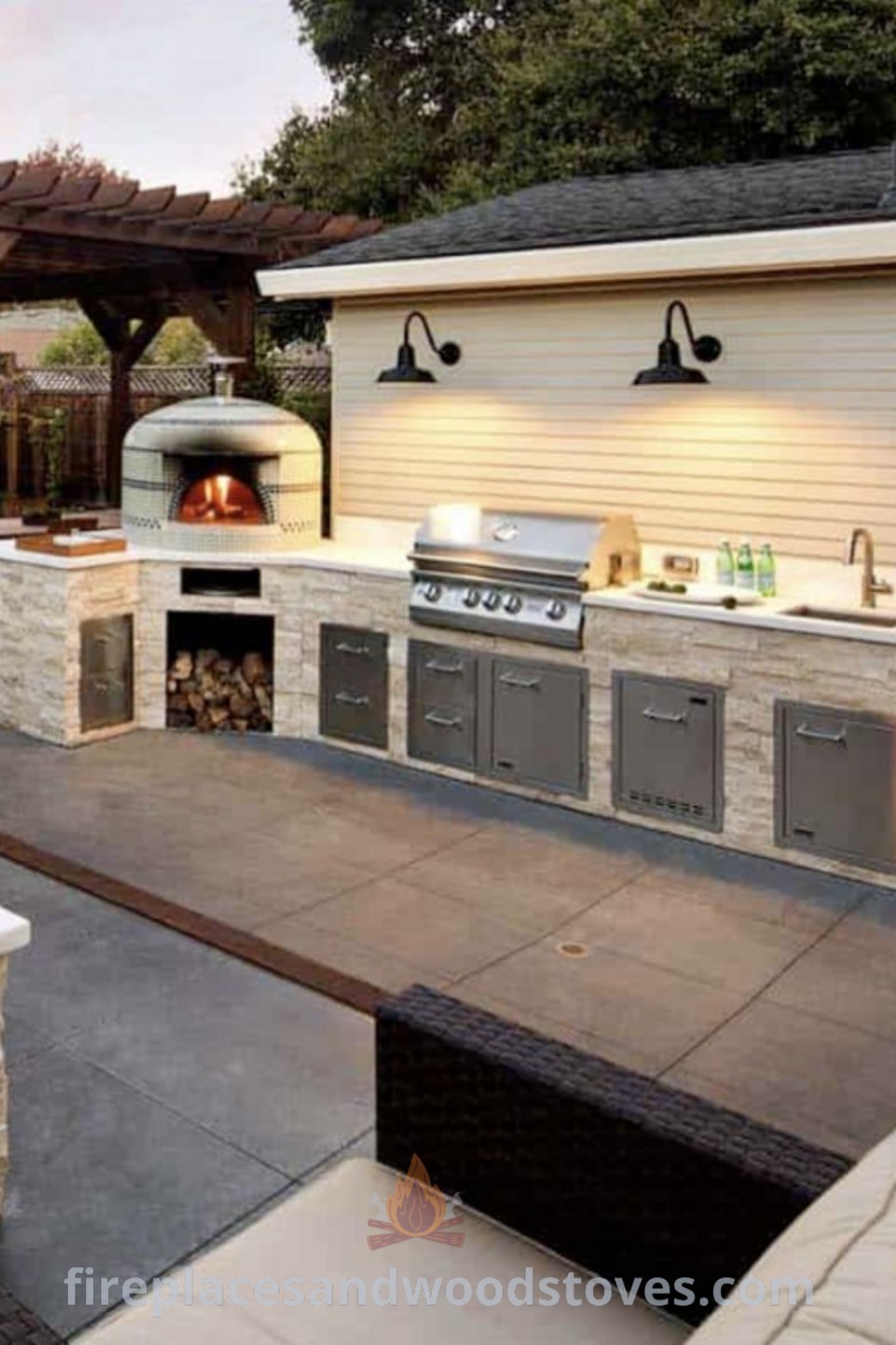 An outdoor kitchen with a grill and seating area designed for small yard grilling. It showcases stylish outdoor kitchen ideas, simple backyard kitchen concepts, and a full outdoor cooking area. Discover creative outdoor designs at patioandhomefurniture.com.