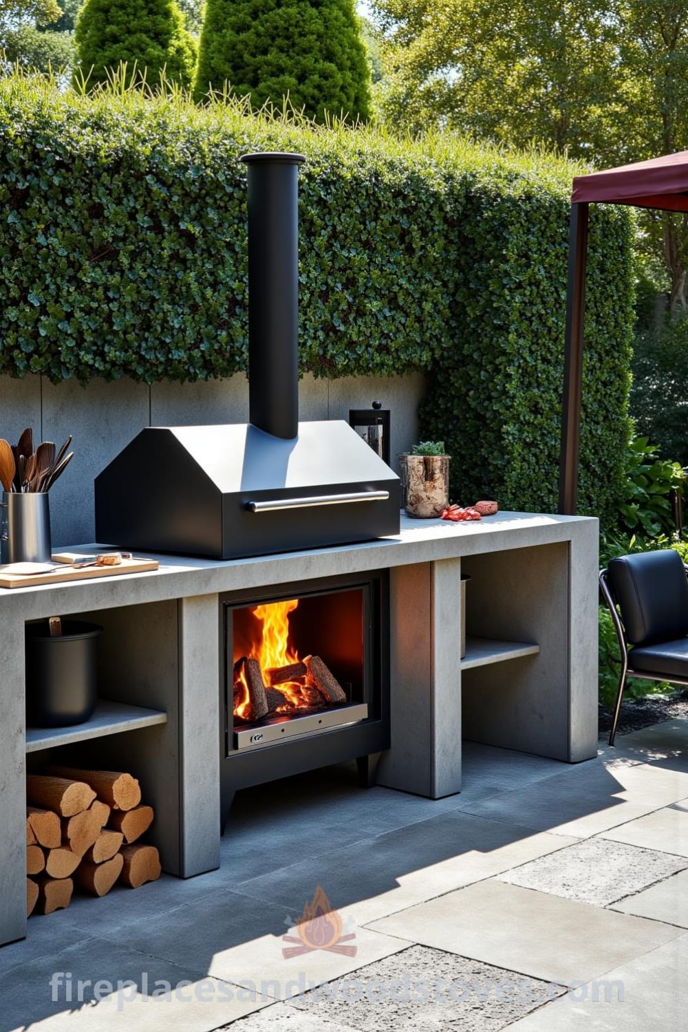 Modern concrete outdoor barbecue against lush greenery, flames dancing from the grill, complemented by a textured stone patio and neatly arranged utensils, creating a cozy atmosphere for outdoor gatherings at fireplacesandwoodstoves.com.