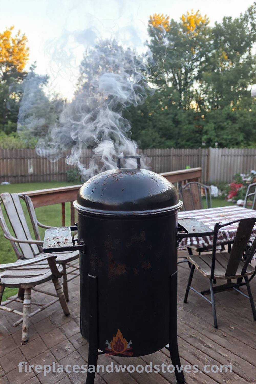 Sturdy barbecue smoker on a wooden patio surrounded by mismatched chairs and a picnic table, creating a cozy outdoor atmosphere perfect for gatherings. Visit patioandhomefurniture.com for stylish outdoor design ideas that will wow your guests.