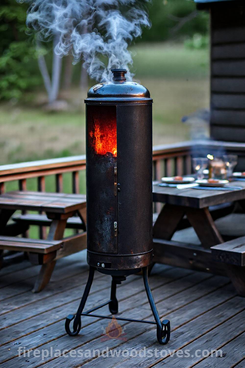 Tall vertical smoker barbecue on a wooden deck, surrounded by a rustic picnic table, with glowing embers and wisps of smoke, creating a cozy and inviting outdoor atmosphere ideal for gatherings. Visit patioandhomefurniture.com for incredible outdoor design inspiration.