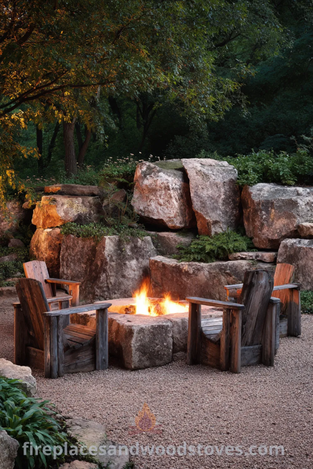 Cozy outdoor space with a natural stone fire pit, comfortable seating, and gravel base, creating a rustic charm.