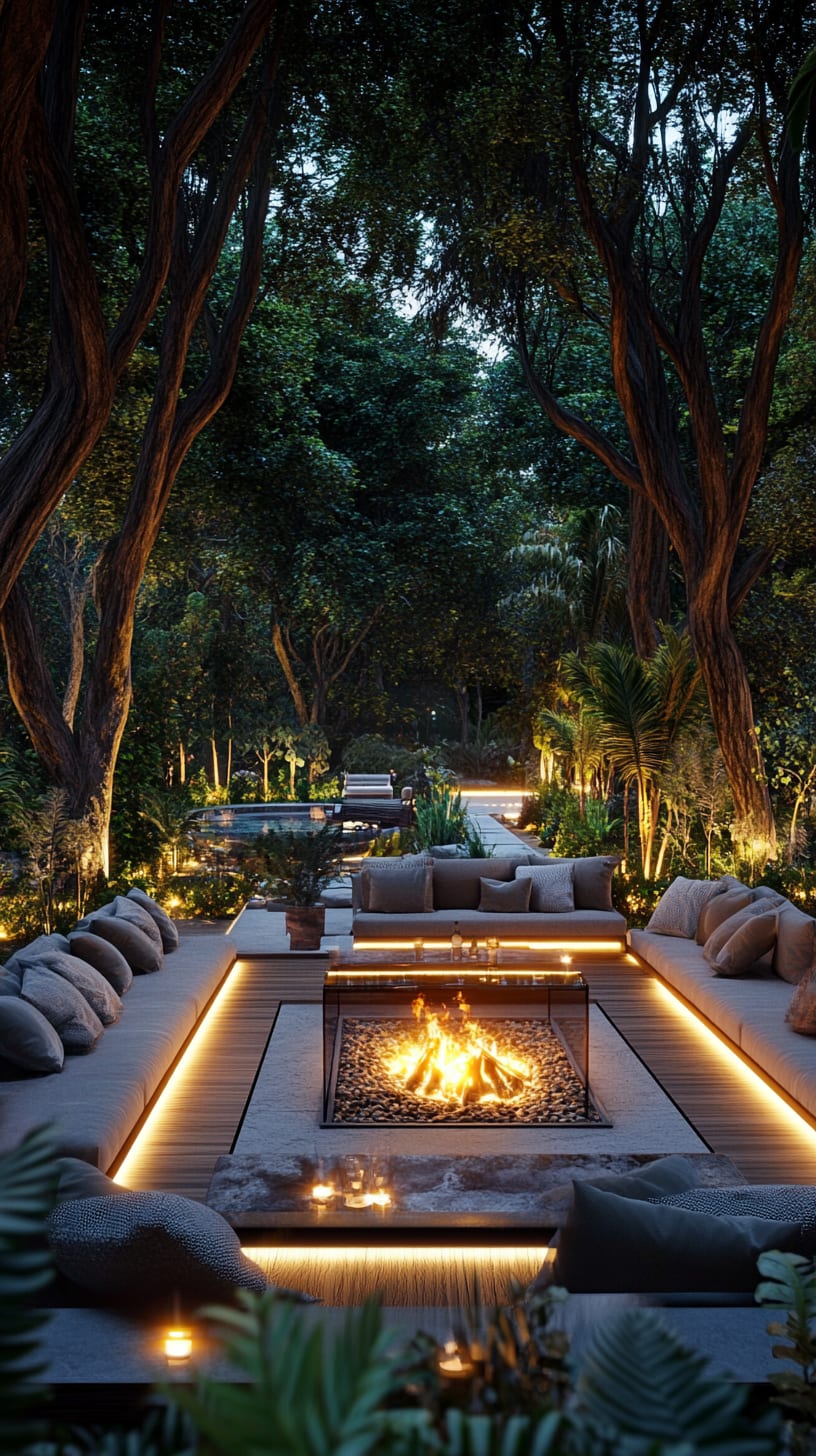 A cozy outdoor seating area featuring comfortable sofas, a fire pit, and lush greenery, illuminated by soft lighting for a tranquil summer night.
