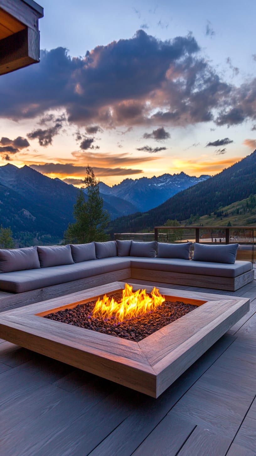 A luxurious outdoor space featuring a large fire pit on a deck with comfortable seating, set against a backdrop of majestic mountains during a vibrant sunset.