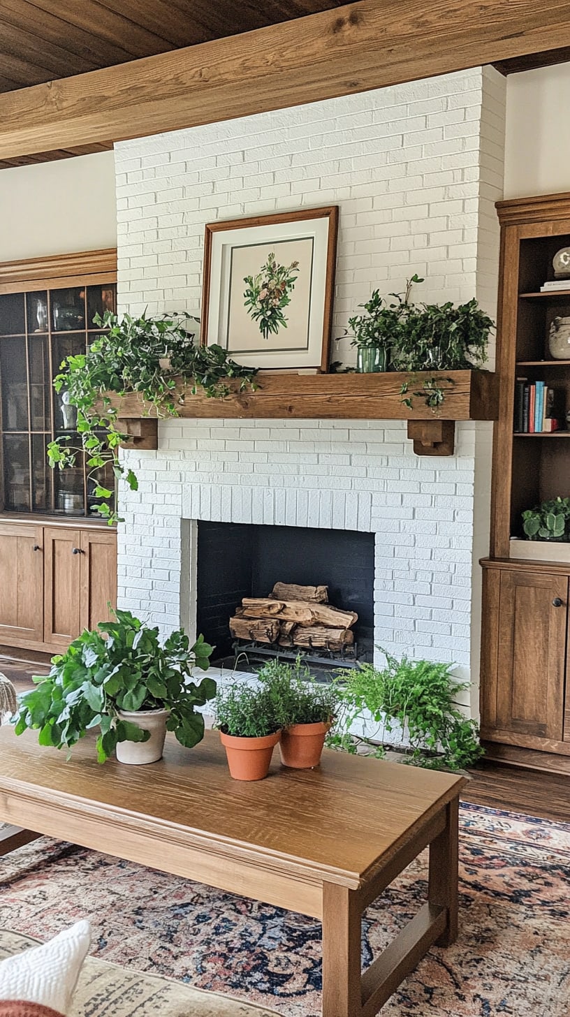 A cozy farmhouse living room with a white brick fireplace, wooden beams, green plants, and a large wooden coffee table surrounded by decor.