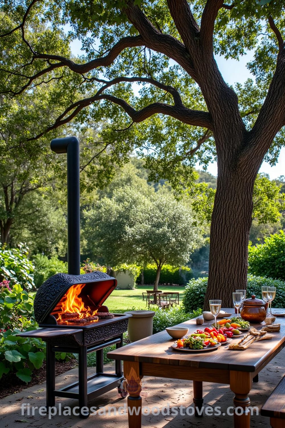Wrought iron barbecue under an oak tree in a sunlit garden, showcasing grilled vegetables, a rustic wooden table with mismatched plates and utensils, embodying cozy decor ideas and inspirations for your home. Visit fireplacesandwoodstoves.com for more unique ideas.