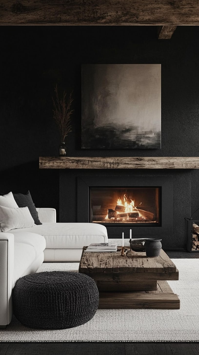 A cozy modern living room with black walls, a white sofa, a rustic wooden coffee table, and an abstract painting above the fireplace.