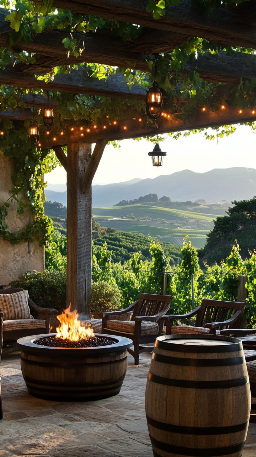 A rustic vineyard patio featuring a cozy fire pit, wooden barrels, comfortable seating, and hanging string lights, overlooking scenic rolling hills of grapevines in a picturesque wine country setting.