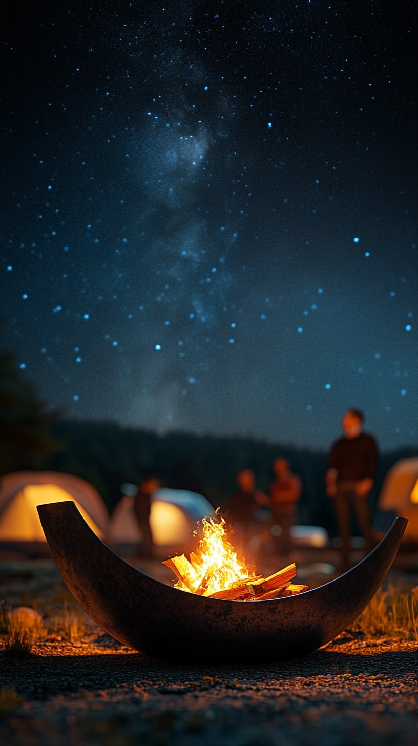 A large banana-shaped fire pit surrounded by friends and tents under a starry night sky, creating a cozy and inviting campsite atmosphere.