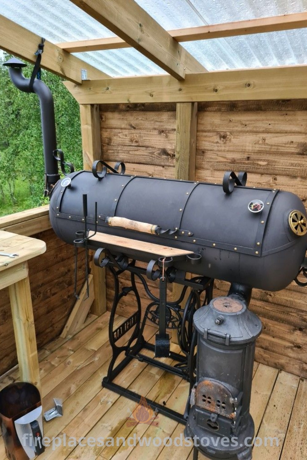 An old-fashioned steam engine BBQ smoker on a wooden deck, showcasing a blend of style and functionality. Perfect for backyard BBQs and outdoor cooking ideas. Discover more stunning designs at patioandhomefurniture.com.