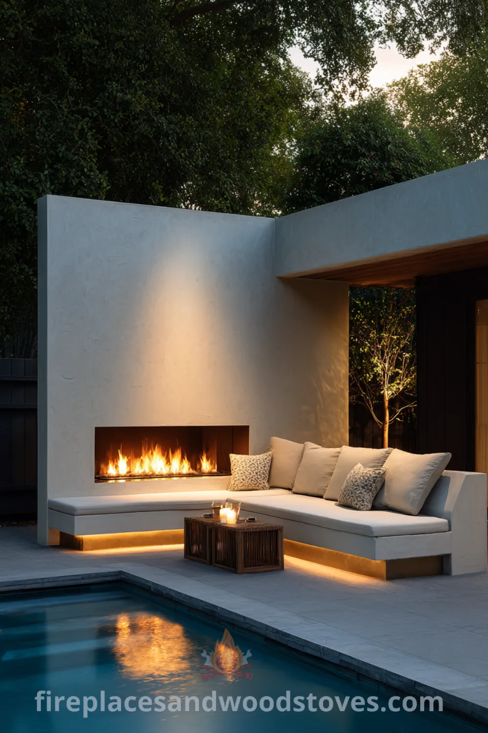 Outdoor mid century modern corner fireplace with lush greenery, polished concrete hearth, and retro outdoor fireplace design.