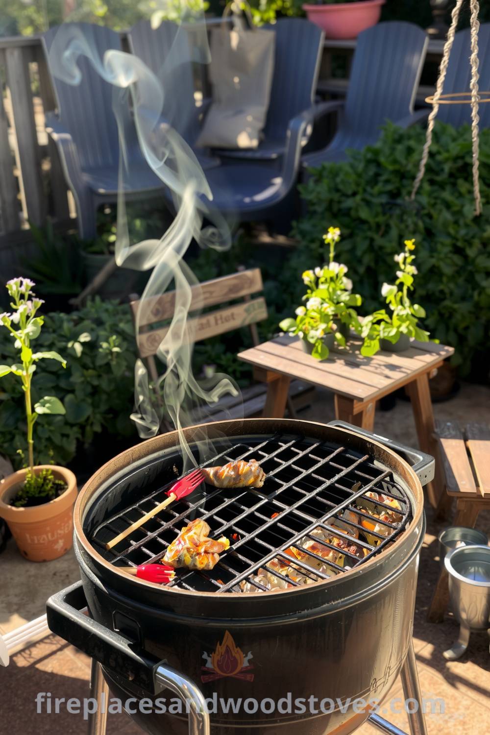 Cozy barbecue on a sunlit patio with a weathered grill, charred remnants of food, surrounded by potted herbs and rustic wooden furniture, ideal for outdoor gatherings and inspiring decor ideas for your home at fireplacesandwoodstoves.com.
