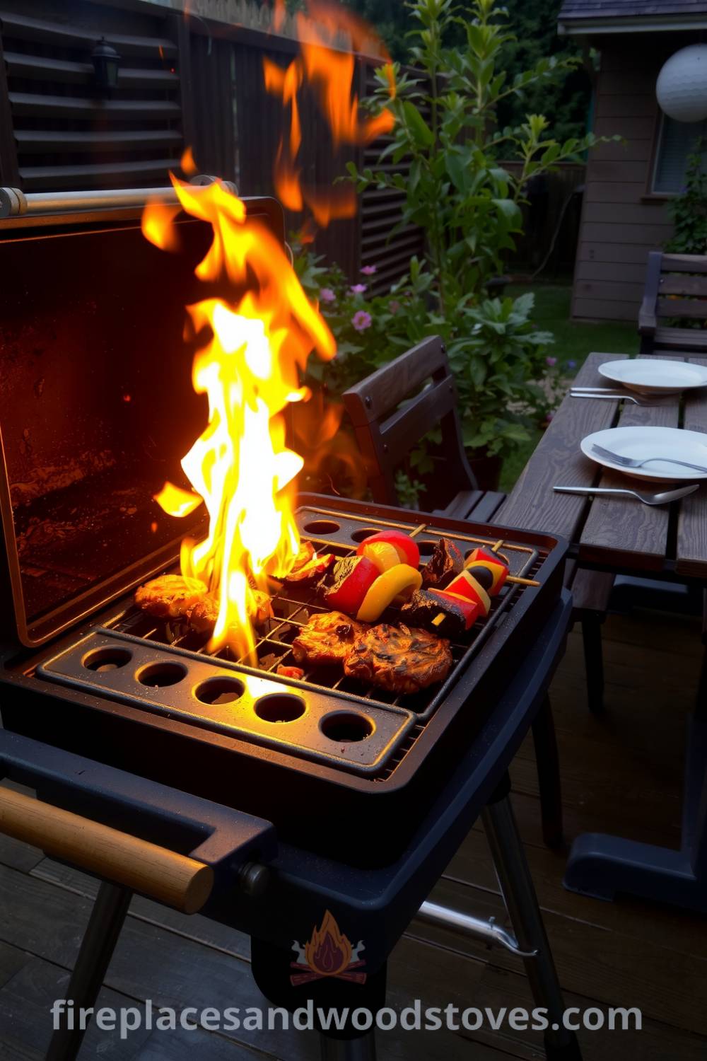 Outdoor barbecue scene featuring a sturdy grill with gleaming metal grates, skewered vegetables and marinated meats cooking over flames, a beautifully set wooden table with plates and utensils, and a warm sunset glow, capturing the essence of cozy outdoor cooking gatherings. Visit fireplacesandwoodstoves.com for cozy ideas.