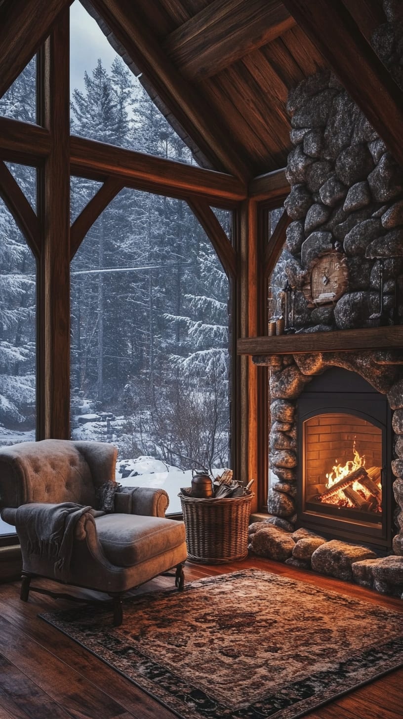 A cozy cabin interior with a stone fireplace and plush armchairs, large windows revealing a snow-covered forest outside, creating a warm and inviting atmosphere.