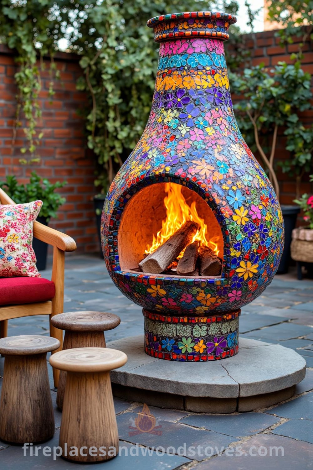 A vibrant Bohemian mosaic firepit on a stone patio surrounded by mismatched cushions and rustic wooden stools, creating a cozy atmosphere for gatherings, with potted plants nearby, inspiring design ideas for your home at fireplacesandwoodstoves.com.