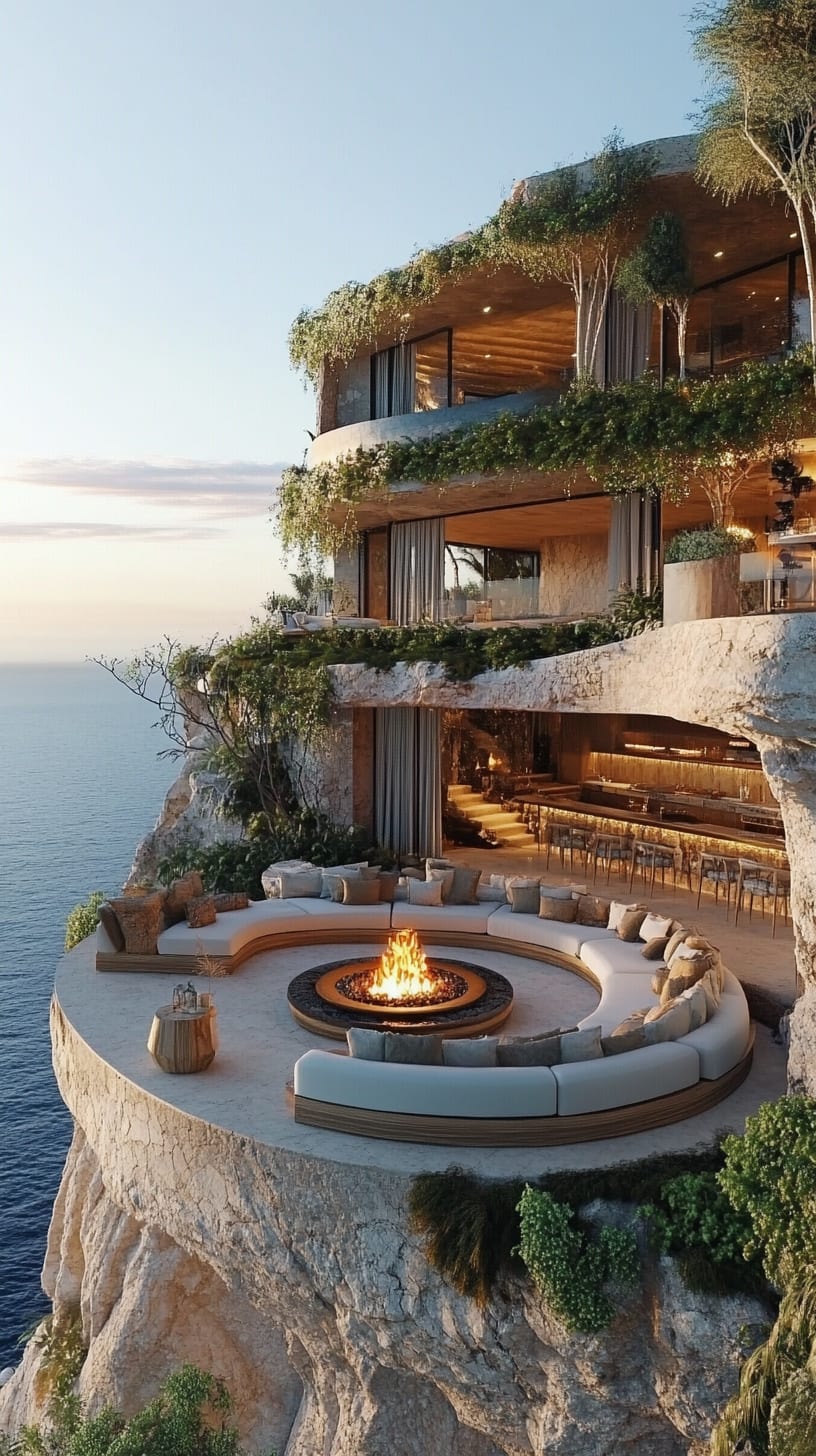 A luxurious cliffside hotel featuring outdoor seating, a fire pit, and lush greenery, overlooking the ocean, designed to provide a serene and inviting atmosphere for relaxation and socializing.