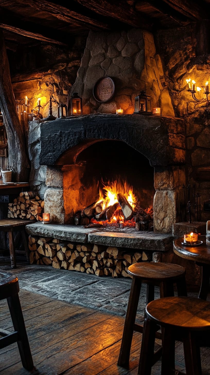 A cozy medieval tavern interior featuring a fireplace, warm lighting, and stacked firewood, creating an inviting atmosphere.