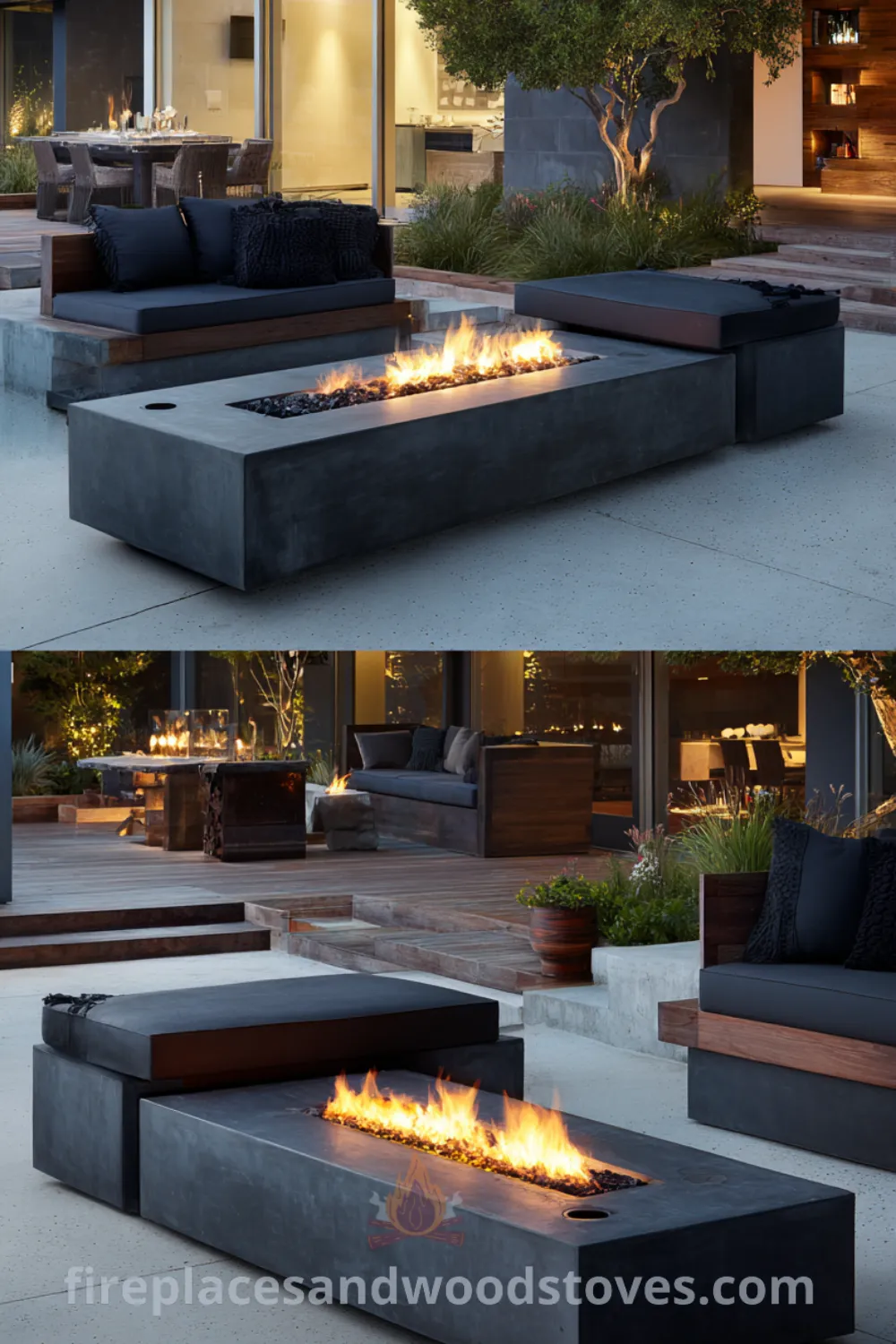 Modern outdoor living space featuring a sleek rectangular fire pit, built-in seating concrete, and warm fire glow ambiance.