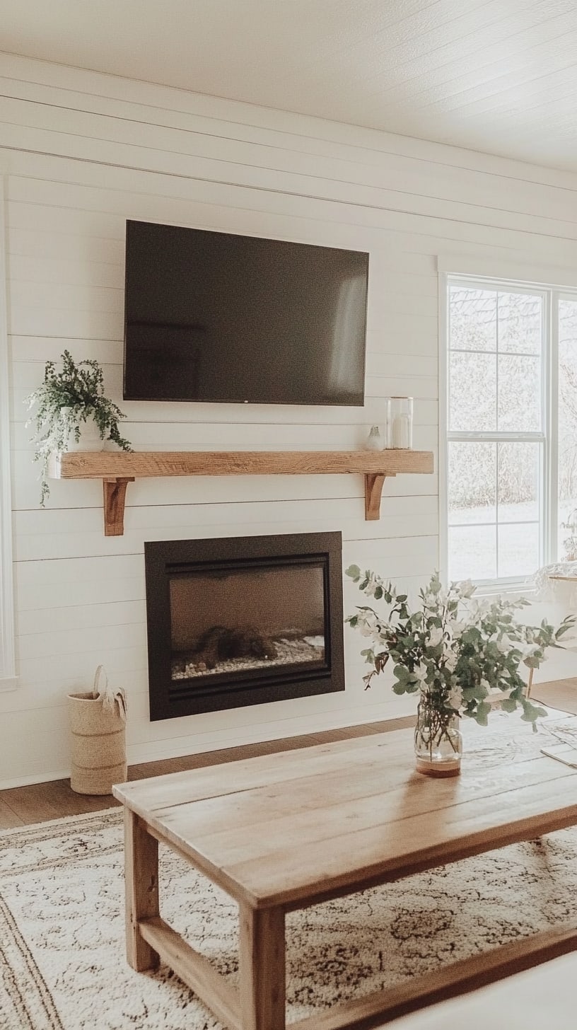 A cozy farmhouse-style living room with white shiplap walls, a fireplace, and a light wood coffee table with fresh flowers, bathed in natural light.