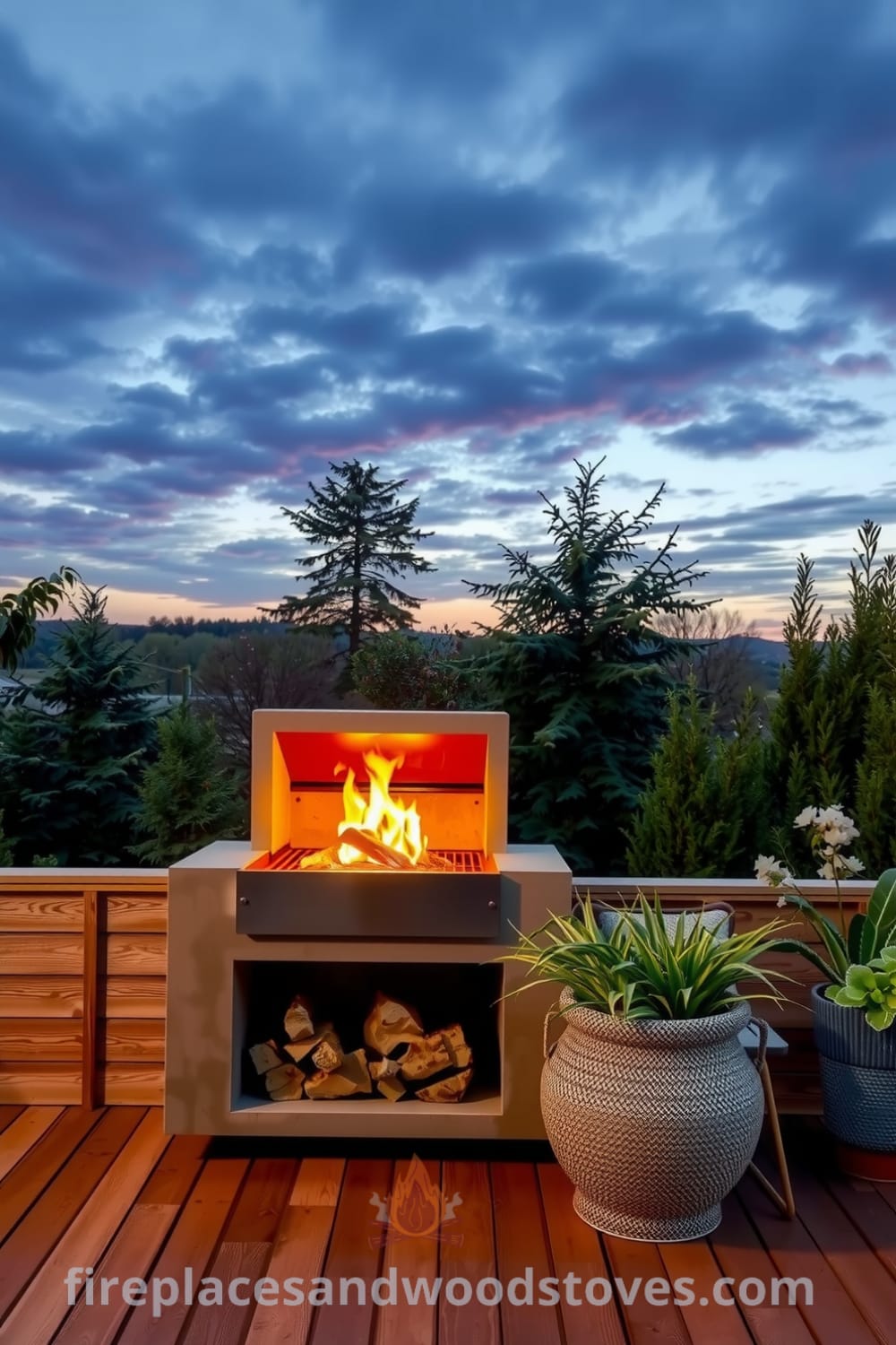 Modern concrete outdoor barbecue on a wooden deck, featuring flickering flames, surrounded by green garden elements and mismatched chairs, creating a cozy atmosphere for gatherings under the stars. For more cozy ideas and decor inspirations, visit fireplacesandwoodstoves.com.