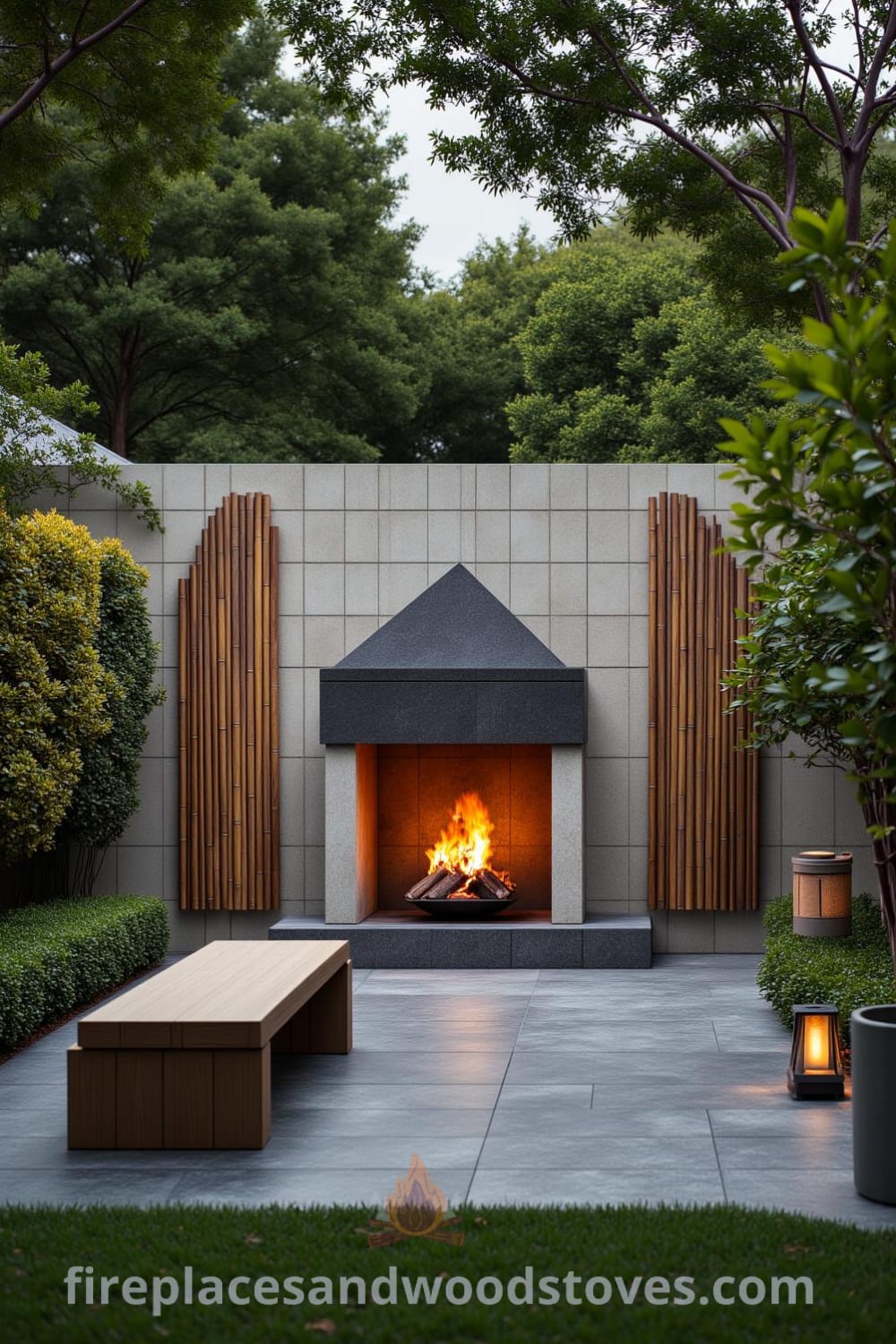 Japanese Zen outdoor barbecue framed by bamboo in a tranquil garden with a fire illuminating smooth stones and a low curved bench, creating a cozy atmosphere perfect for gatherings. Discover more cozy ideas at fireplacesandwoodstoves.com.