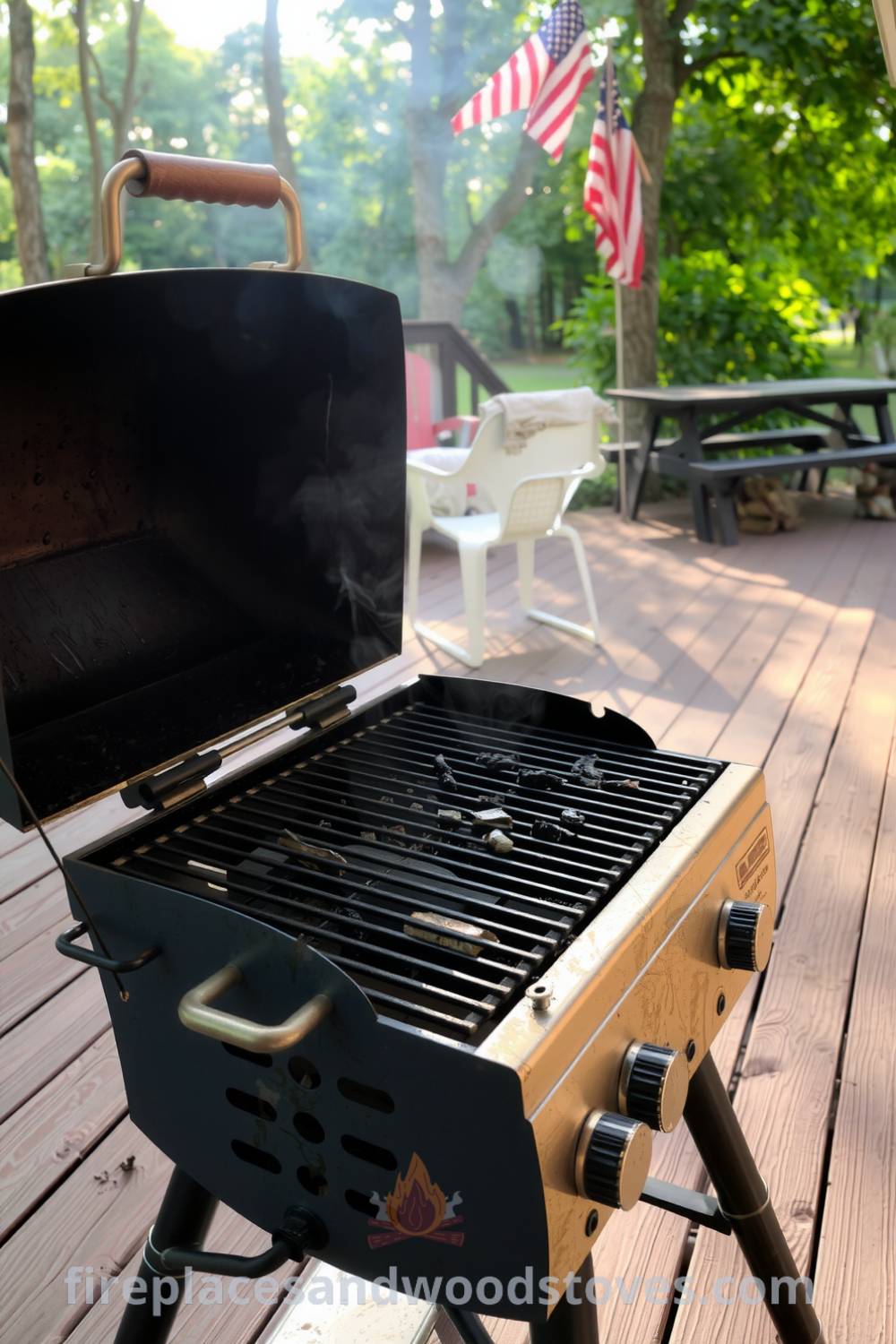 A cozy barbecue setup on a wooden deck, featuring a slightly tarnished steel grill, charred remnants in the grates, and soft sunlight filtering through the trees, creating an inviting atmosphere perfect for summer gatherings. For more cozy ideas, visit fireplacesandwoodstoves.com.