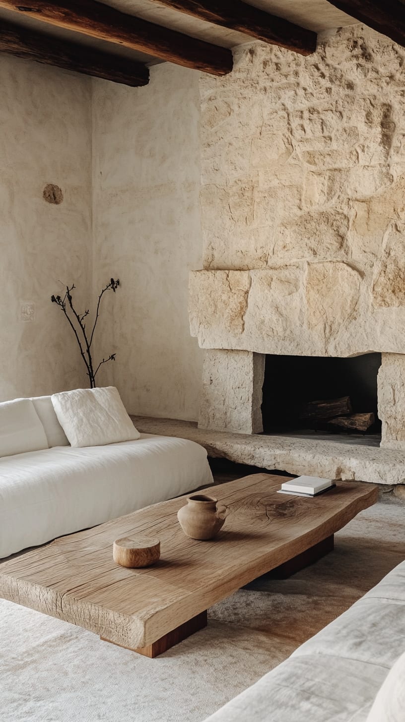 A cozy living room with a white sofa and wooden coffee table near a stone fireplace, featuring rustic textured walls and minimalist decor.