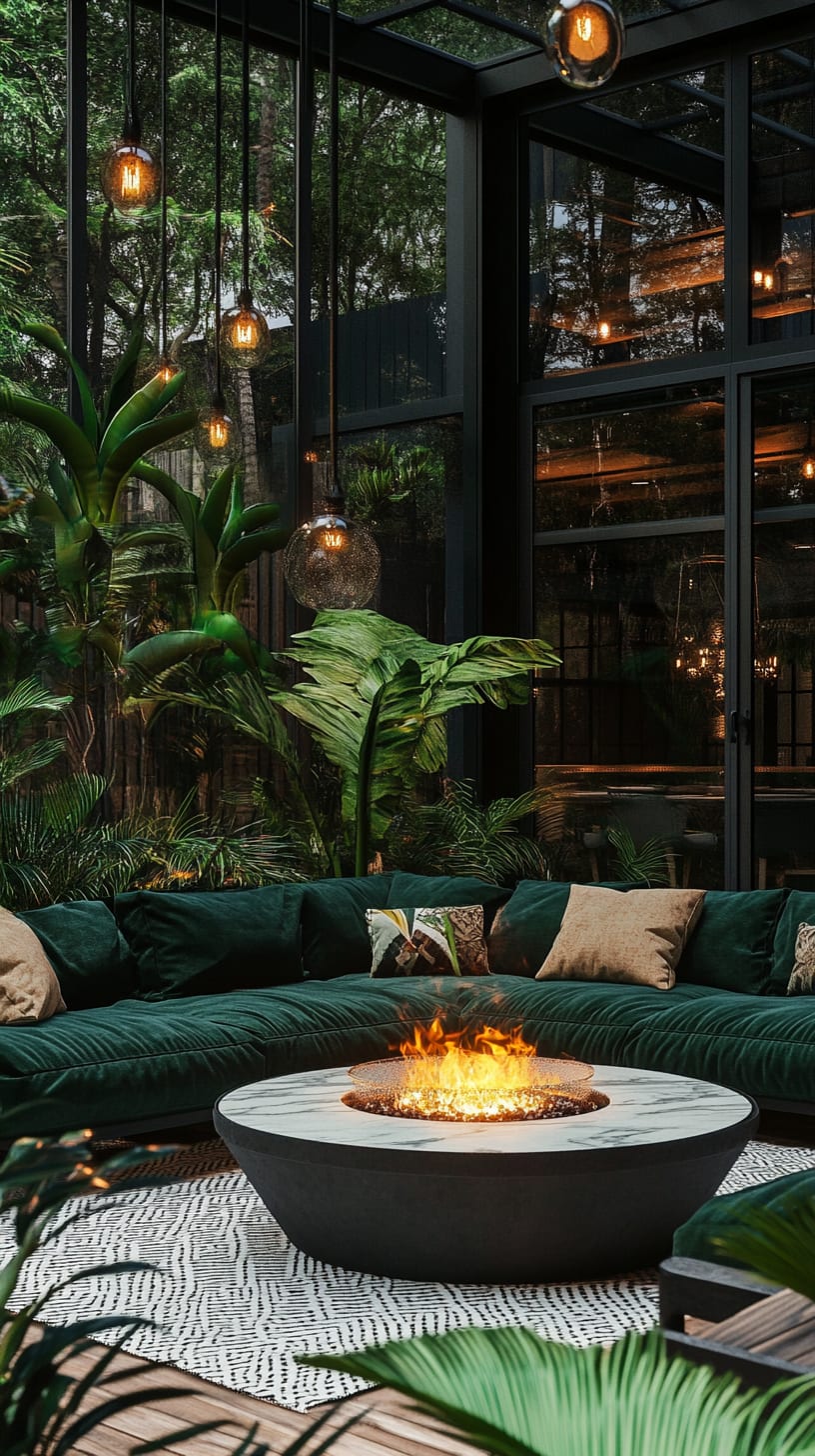 A cozy outdoor setting featuring emerald green velvet sofas arranged around a white round fire pit, surrounded by lush jungle plants and warm lighting, creating a tropical oasis atmosphere.