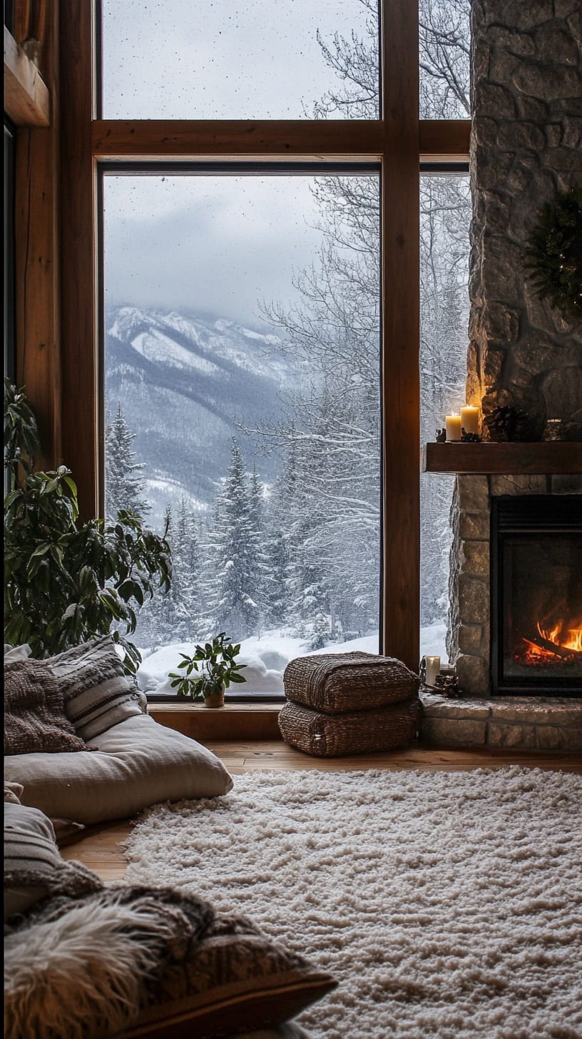 A cozy room featuring a fireplace, large windows with mountain views, a soft carpet, and plush pillows, creating a warm and inviting winter atmosphere.