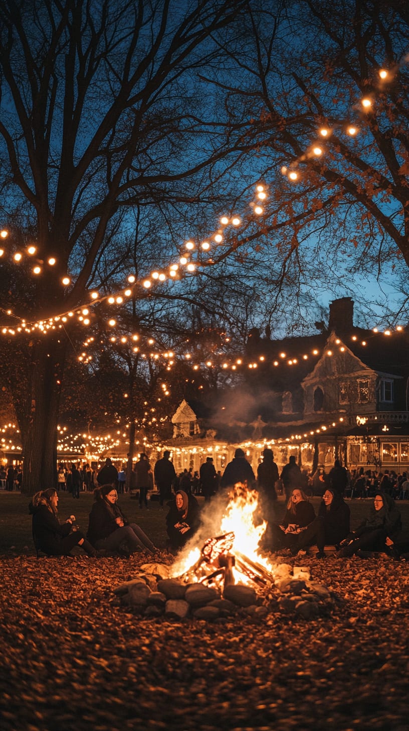 A cozy bonfire scene in a town square, surrounded by people enjoying drinks and stories, with twinkling lights above and autumn vibes.
