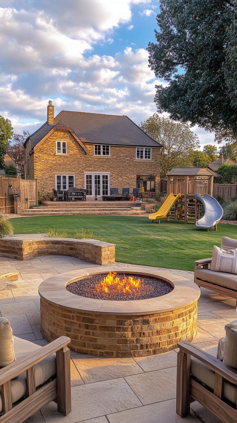 A large outdoor garden featuring a central circular fire pit surrounded by wooden seating, with a green lawn in front and a children