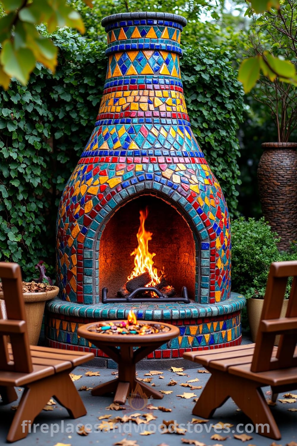Vibrant Bohemian mosaic firepit surrounded by mismatched wooden chairs in a cozy outdoor lounge, nestled among lush greenery, reflecting warm flames and inviting relaxation, showcasing unique decor ideas for your home. For more inspiring designs visit fireplacesandwoodstoves.com.