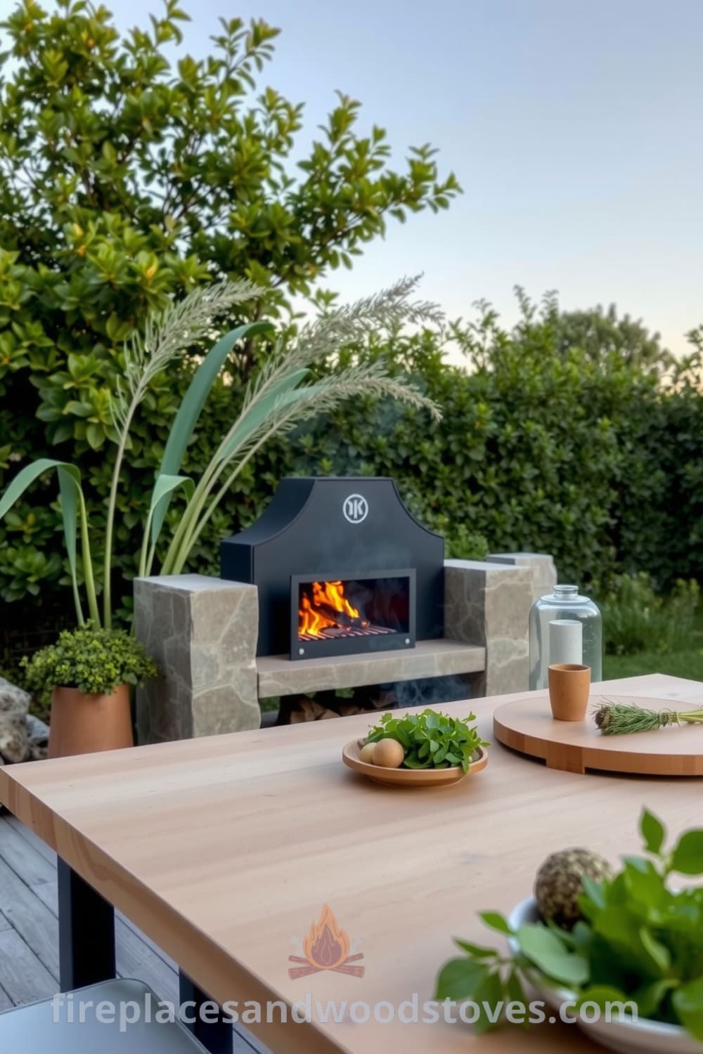 Scandinavian minimalist outdoor barbecue against lush greenery featuring a stone fire enclosure and sleek wooden table with fresh herbs and rustic serving dishes, creating a cozy, inviting atmosphere for gatherings. Explore more cozy ideas at fireplacesandwoodstoves.com.