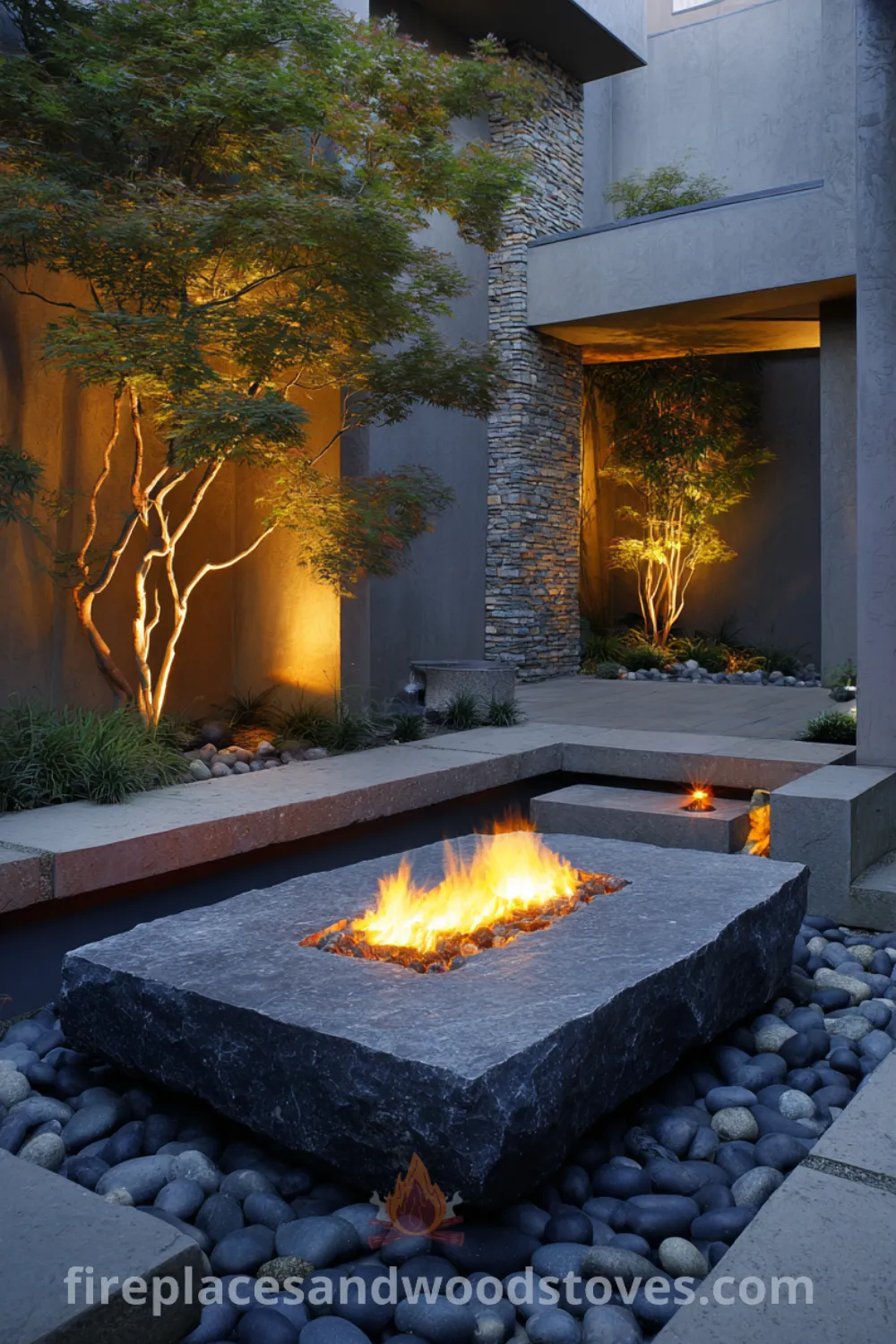 Modern minimalist outdoor fireplace with a zen outdoor atmosphere, surrounded by river stones and a Japanese maple.