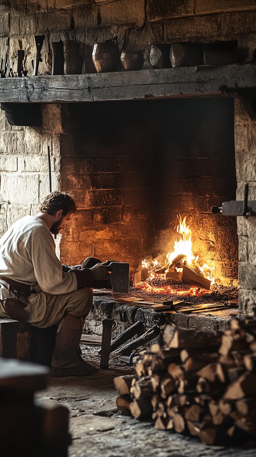 A medieval blacksmith working by a warm fire, surrounded by wood and iron plates in an old stone house, evoking a sense of history and craftsmanship.