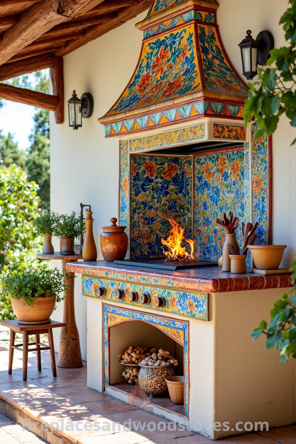 Colorful Mediterranean tile outdoor barbecue on a sun-drenched patio, featuring vibrant ceramics that contrast with rustic wooden beams, surrounded by fresh herbs and grilling tools, creating an inviting atmosphere perfect for gatherings. Visit fireplacesandwoodstoves.com for more cozy ideas and decor inspirations.