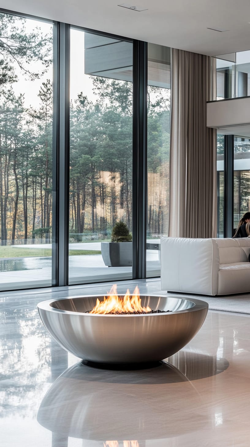 A modern living room featuring a stainless steel fire pit surrounded by a white leather sofa and large windows with a scenic forest view.