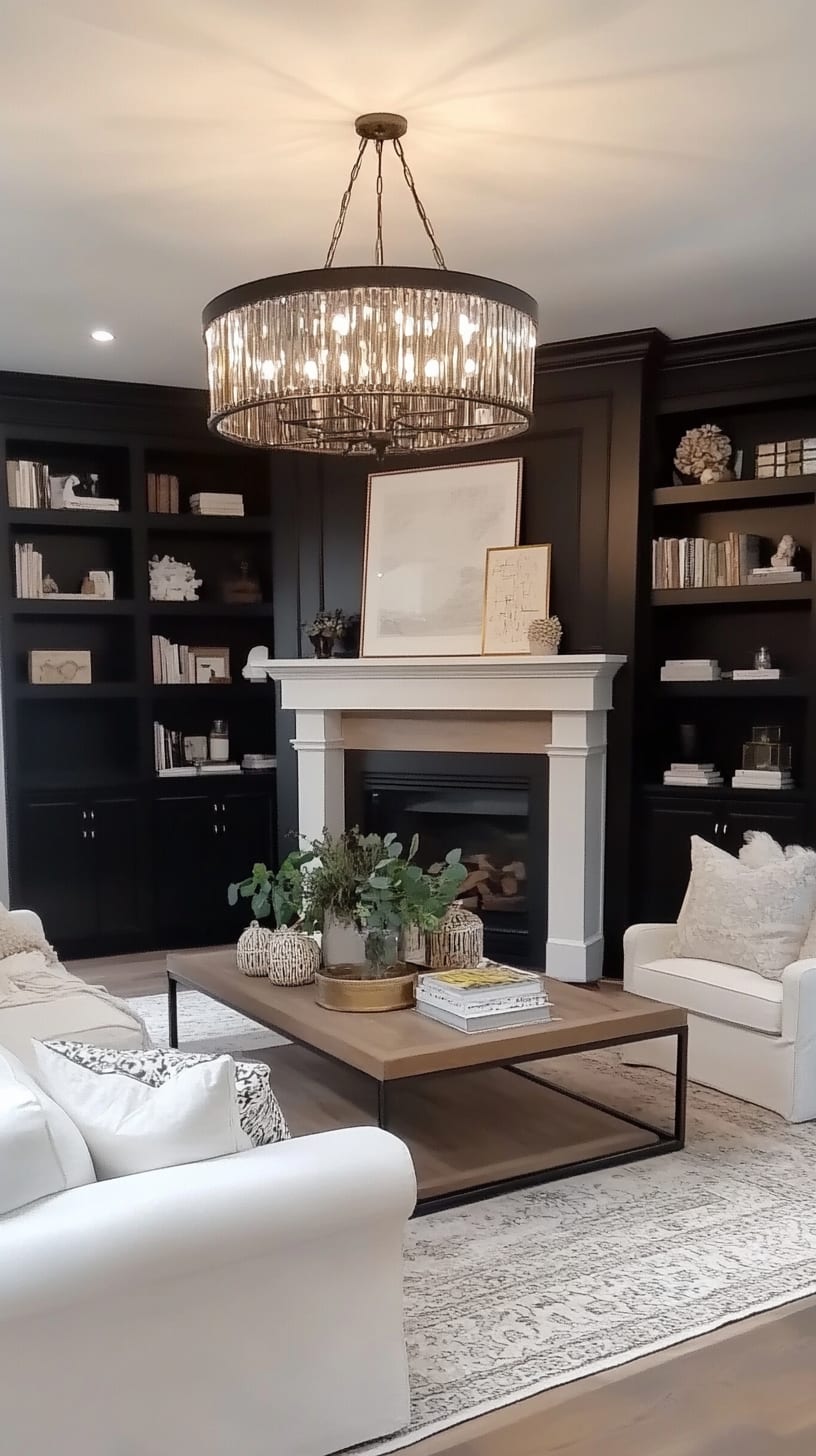 A modern farmhouse living room featuring built-in bookshelves, light-colored sofa and armchairs around a coffee table in front of a fireplace, and a large chandelier above, with a harmonious and inviting atmosphere.
