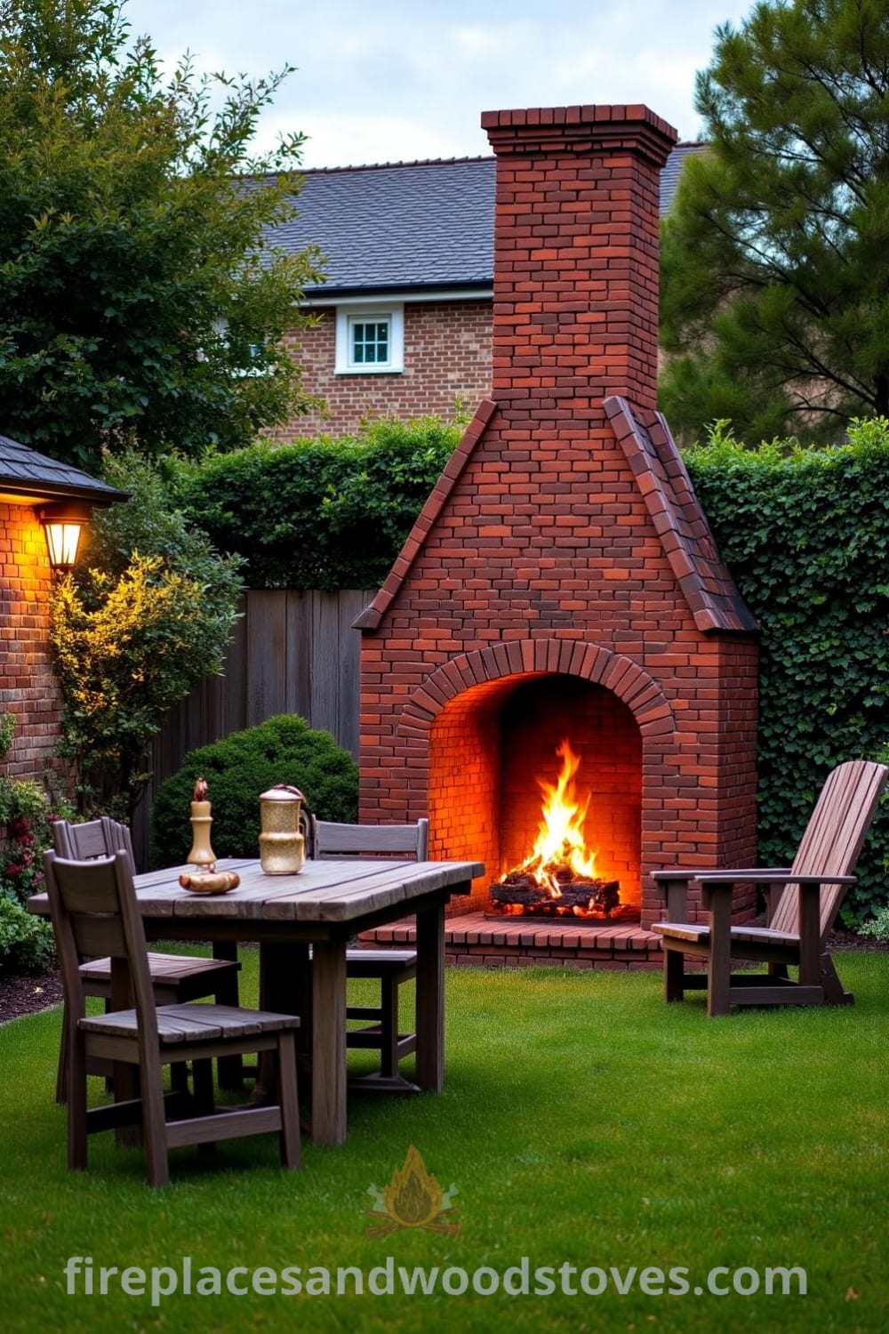 Tudor brick fireplace in a lush garden setting, featuring deep red bricks, warm flames, surrounding bushes and mismatched chairs at a wooden table, creating a cozy atmosphere, perfect for outdoor gatherings, inspired by unique decor ideas for your home at fireplacesandwoodstoves.com.
