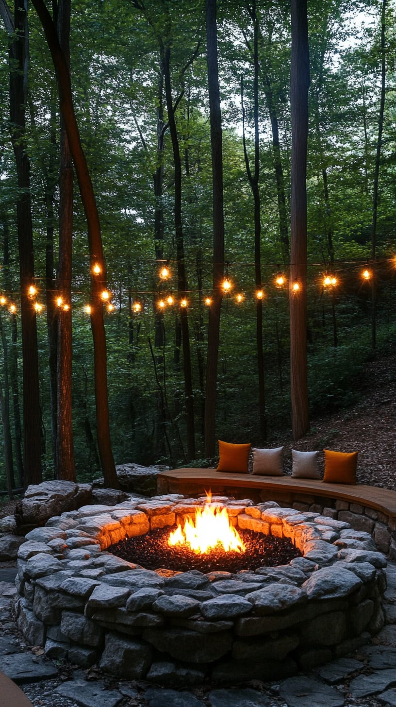 A rustic stone fire pit surrounded by seating, enhanced by string lights in a serene forest setting, ideal for cozy gatherings at night.