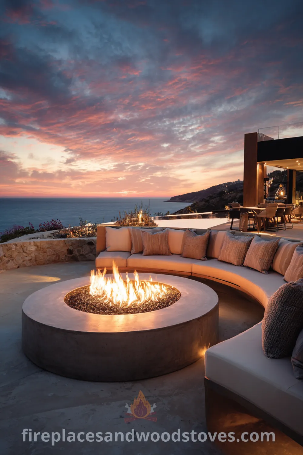 Oversized circular modern luxury fire pit with plush seating, integrated audio system, and opulent outdoor fire feature.