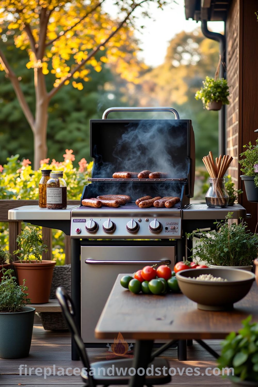 Sturdy barbecue on a wooden patio with sizzling sausages, reflecting the warm afternoon sun, surrounded by fresh herbs in pots and a worn wooden table with vegetables, inviting guests to enjoy an outdoor feast – cozy ideas for your home from fireplacesandwoodstoves.com.