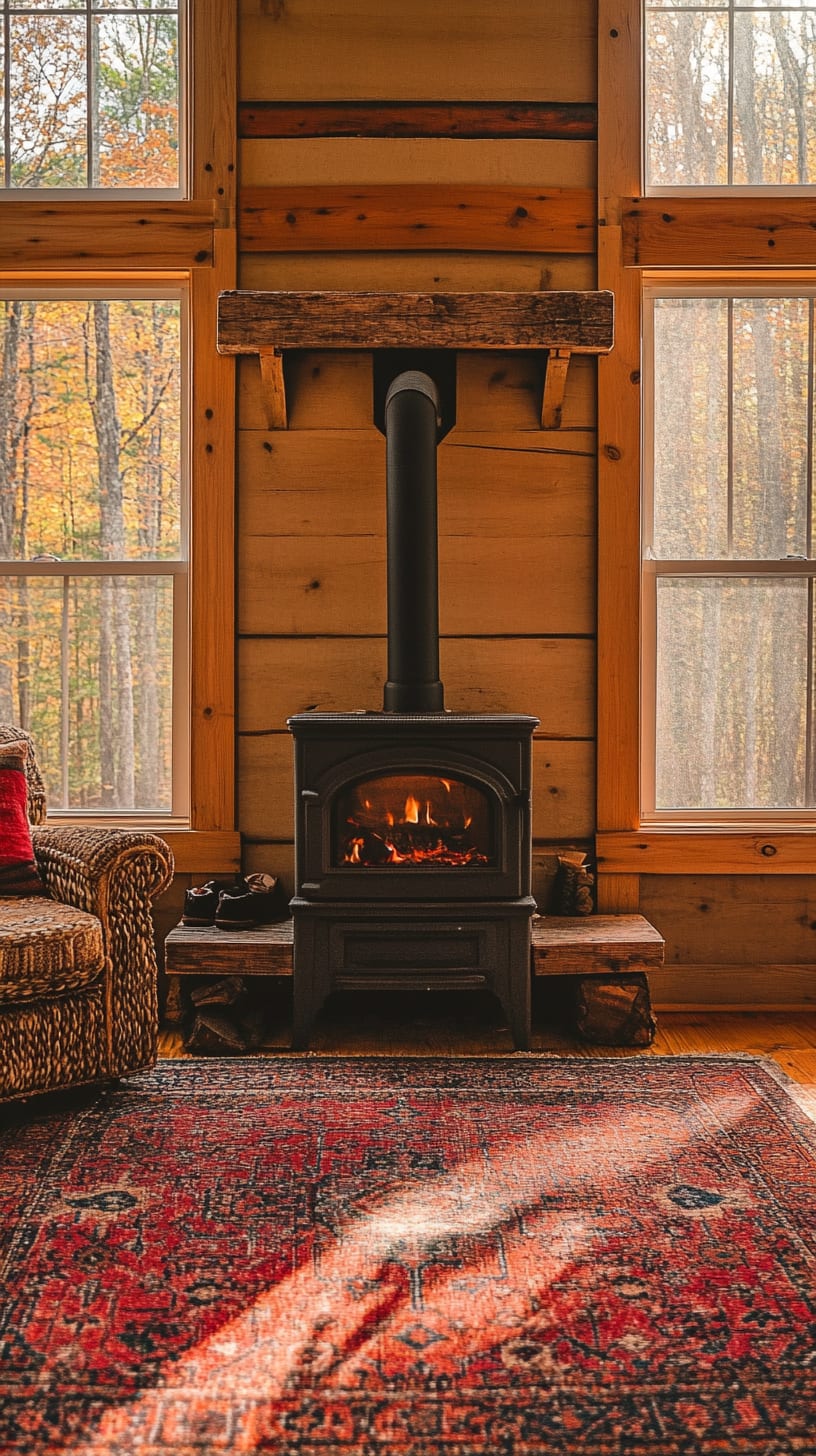 A cozy cabin living room featuring a wood stove, vintage rug, and large windows showcasing autumn foliage outside, creating a warm and inviting atmosphere.