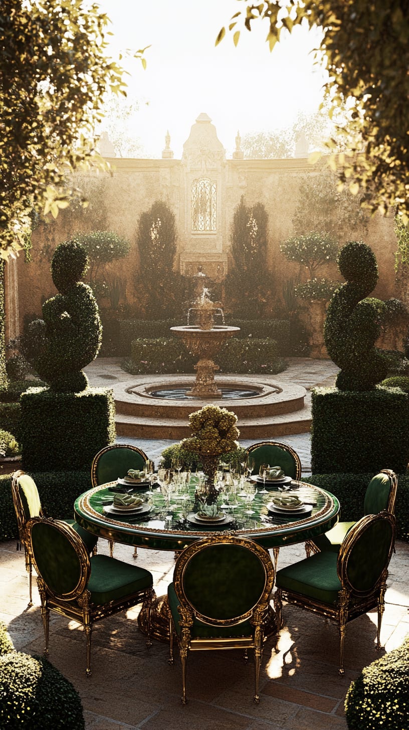 A luxurious outdoor dining setting featuring a grand round table with emerald green chairs, surrounded by topiary hedges and a fountain, all bathed in golden sunlight.