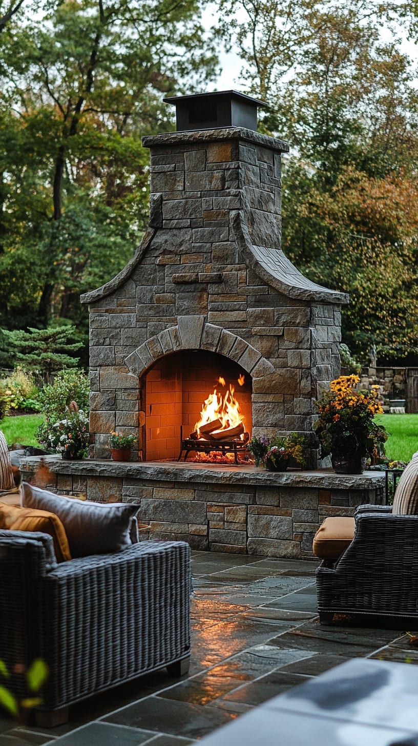 A stone outdoor fireplace surrounded by comfortable seating and greenery, set in an elegant patio area creating a cozy atmosphere.