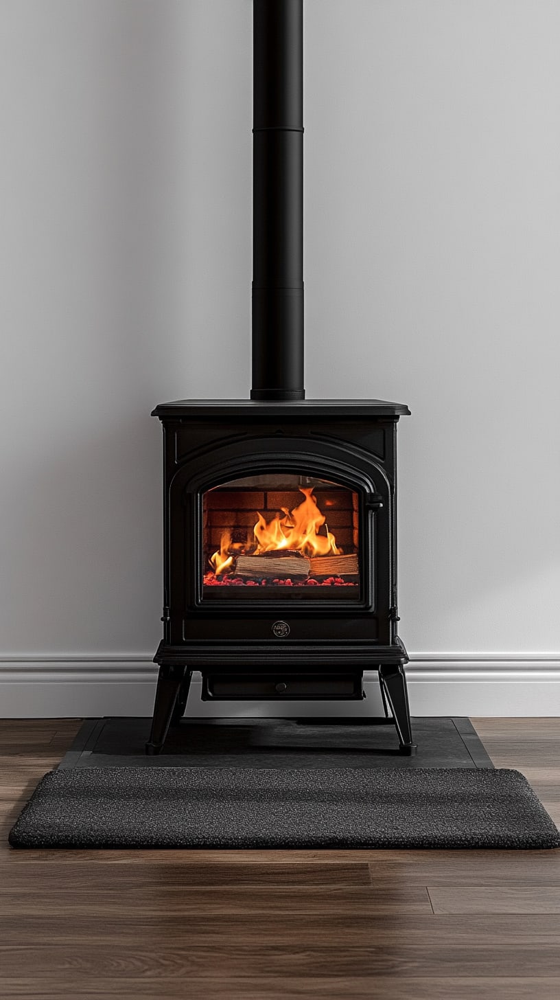 A black wood stove with flames, positioned in an empty room with white walls and a gray rug, creating a warm and inviting atmosphere.